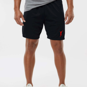 Men’s black performance athletic shorts featuring the red House of Kerij logo on the lower leg, front view